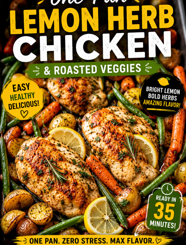 One-pan roasted lemon herb chicken breasts with baby potatoes, carrots, and green beans