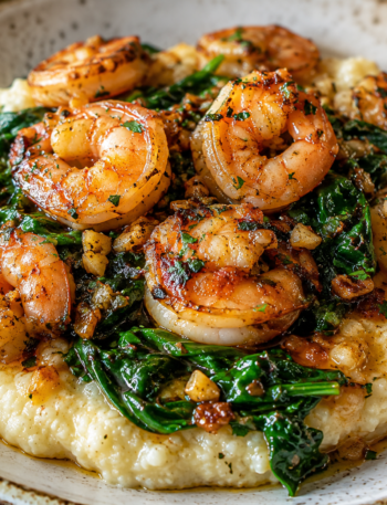 Garlic shrimp served over creamy cauliflower grits with wilted spinach on a white plate
